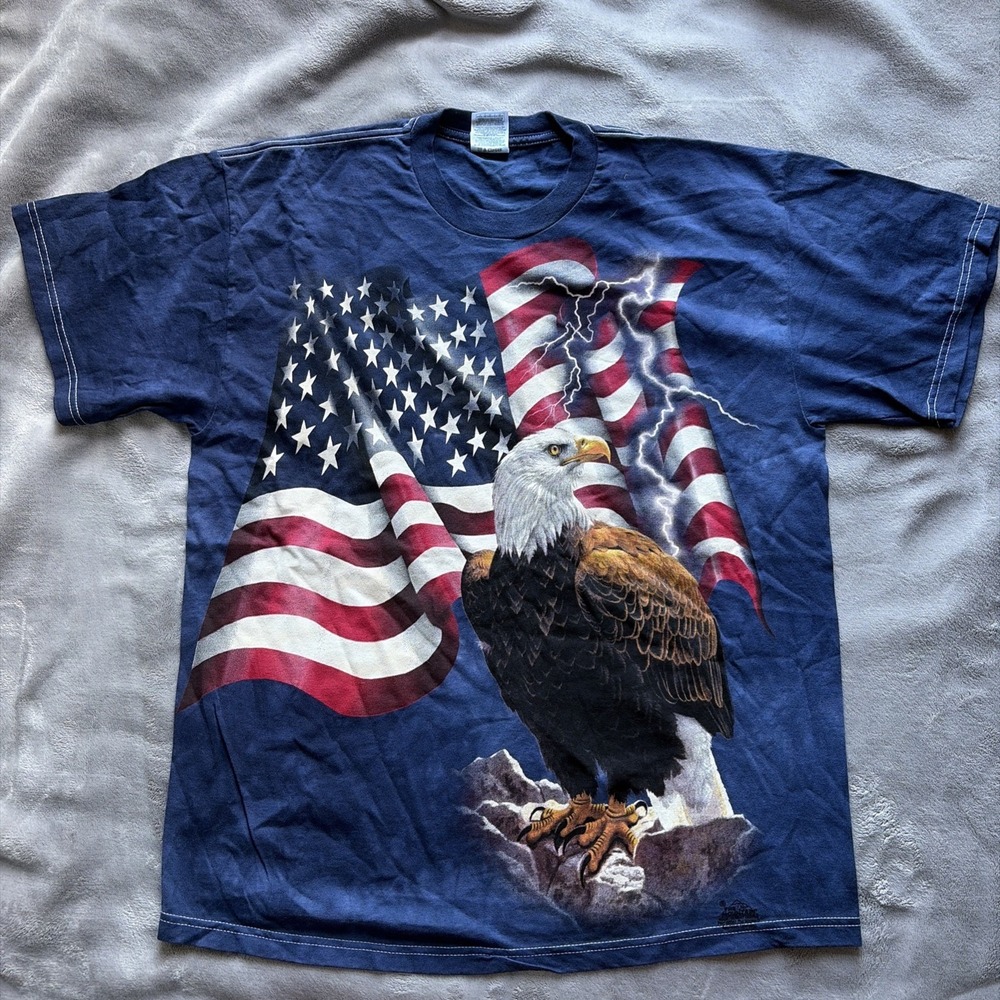 Vintage The Mountain Bald Eagle Shirt Men's L Blue American Flag 4th Of July USA